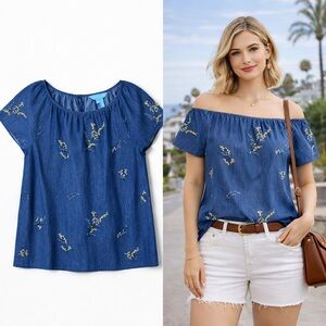 ✨ Draper James Artisan Denim Embroidered Blouse | Sz M | New ✨